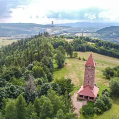Kamienna wieża widokowa na wzgórzu otoczona lasem, w tle pagórkowaty krajobraz.
