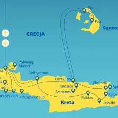 Mapa Grecji z zaznaczonymi trasami wycieczek na Kretę i Santorini. Widoczne lotniska i połączenia między wyspami.