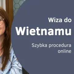 Kobieta w okularach na tle napisu "Wiza do Wietnamu".