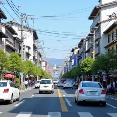 Ulica w Japonii, pełna samochodów i pieszych. Widać tradycyjną architekturę i zielone drzewa. Taki ruch jest w Japonii.