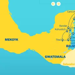 Mapa z trasą podróży po Meksyku i Belize. Planujesz belize wakacje? Zobacz trasę przez Cancun, Tulum, Tikal i Belize City.