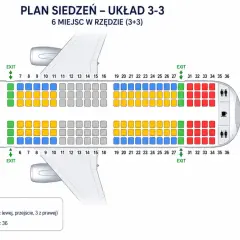 Plan siedzeń Enter Air: 3-3, miejsca przy wyjściach awaryjnych (zielone), z przodu (fioletowe), przy przejściu (żółte), przy oknie (niebieskie), nad skrzydłami (szare) i z tyłu (czerwone).