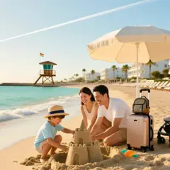 Rodzina buduje zamek z piasku na plaży. Idealne miejsce, gdzie na wakacje z dziećmi, z widokiem na morze i hotele.