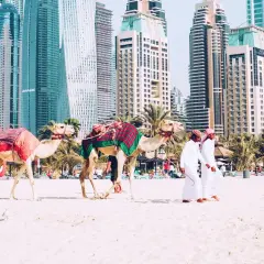 Dwa wielbłądy na plaży w Dubaju, obok dwóch mężczyzn w tradycyjnych strojach. Zastanawiasz się, ile się leci do Dubaju?
