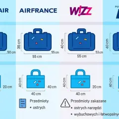 Porównanie wymiarów bagażu podręcznego i rejestrowanego dla linii lotniczych Ryanair, Air France, Wizz Air i LOT.