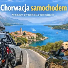 Chorwacja samochodem: złoty retriever w samochodzie, rowery na bagażniku, piękny widok na morze i miasteczko. Idealna podróż!
