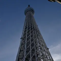 Imponująca, kratownicowa konstrukcja Tokyo Skytree, najwyższej wieży na świecie, wznosi się ku błękitnemu niebu.