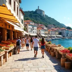 Promenada w Chorwacji z targiem owocowo-warzywnym i widokiem na morze.