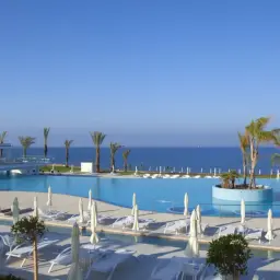 Luksusowy basen z palmami i widokiem na morze. Idealne miejsce na relaks, zgodnie z licznymi king evelthon beach hotel and resort opinie.