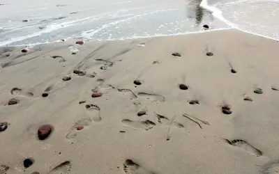 Ślady stóp na piaszczystej plaży, kamyki i fale. Idealne miejsce na tanie wakacje w Polsce.