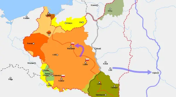 Mapa Polski z zaznaczonymi regionami w różnych kolorach i strzałkami wskazującymi ruchy.