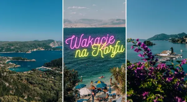 Trzy panele: widok na zatokę z górami, plaża z napisem "Wakacje na Korfu", klasztor na wysepce.