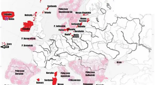 Mapa Europy z zaznaczonymi na czerwono i różowo obszarami wulkanicznymi i nazwami miejsc.