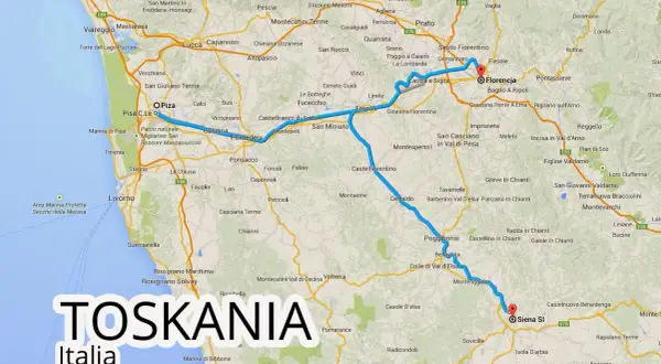 Mapa Toskanii z zaznaczonymi Pizą i Florencją oraz trasą między nimi.