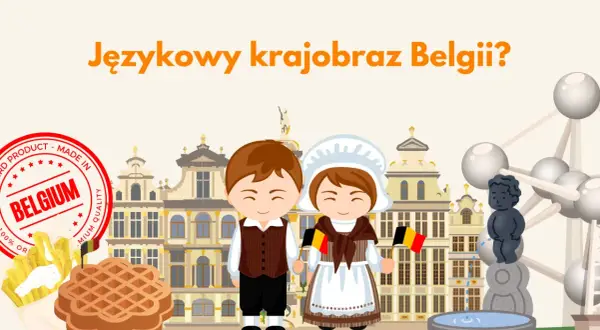 Dzieci w strojach ludowych z flagami Belgii, frytki, gofry i budynki na tle.