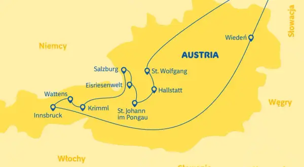 Mapa Austrii z zaznaczoną trasą objazdową przez miasta takie jak Wiedeń, Salzburg, Hallstatt i Innsbruck.
