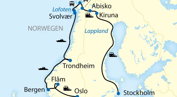 Mapa Norwegii i Szwecji z zaznaczoną trasą podróży przez Laponie, z symbolami pociągów, autobusów i statków.