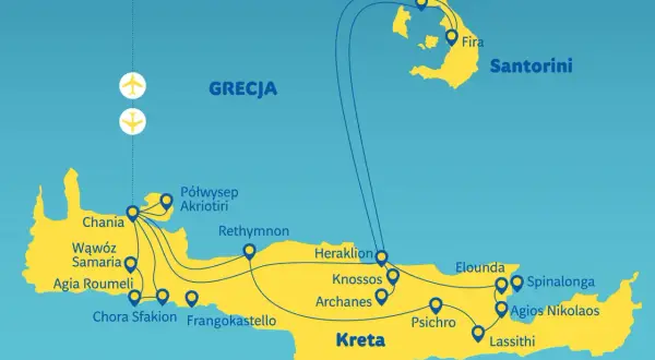 Mapa Grecji z zaznaczonymi trasami wycieczek na Kretę i Santorini. Widoczne lotniska i połączenia między wyspami.
