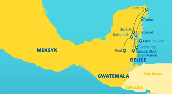 Mapa z trasą podróży po Meksyku i Belize. Planujesz belize wakacje? Zobacz trasę przez Cancun, Tulum, Tikal i Belize City.