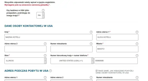 Formularz z polami do wpisania danych podróży i osoby kontaktowej w USA.