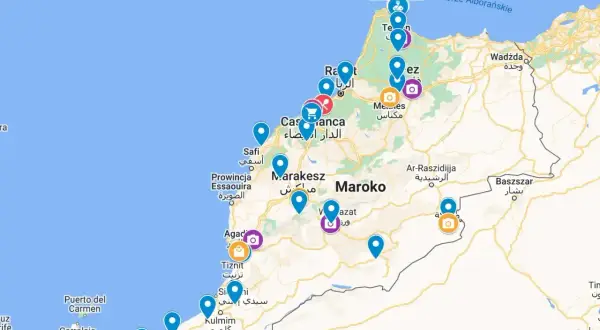 Mapa Maroka z zaznaczonymi miastami i trasami, widoczne wybrzeże i część Hiszpanii.