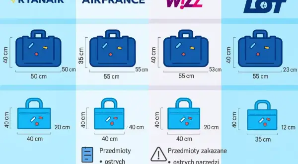 Porównanie wymiarów bagażu podręcznego i rejestrowanego dla linii lotniczych Ryanair, Air France, Wizz Air i LOT.