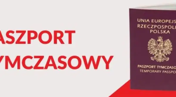 Czerwony paszport tymczasowy Rzeczypospolitej Polskiej z orłem i napisem "PASZPORT TYMCZASOWY TEMPORARY PASSPORT" na białym tle.