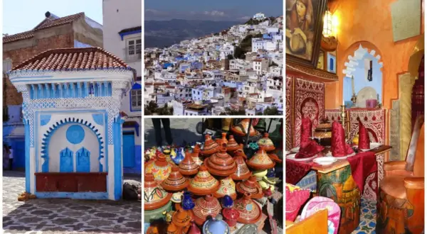 Maroko co zobaczyć: błękitne miasto Chefchaouen, kolorowe naczynia i wnętrze restauracji.