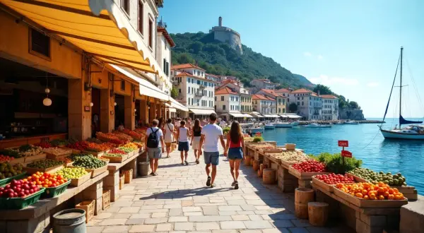 Promenada w Chorwacji z targiem owocowo-warzywnym i widokiem na morze.