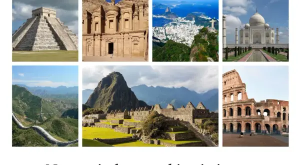 Kolekcja zdjęć przedstawiająca nowe 7 cudów świata: piramida Chichen Itza, Petra, Rio de Janeiro, Tadź Mahal, Wielki Mur Chiński, Machu Picchu i Koloseum.