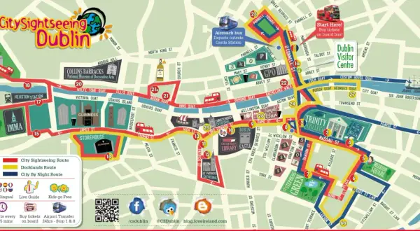 Mapa turystyczna pokazuje, gdzie jest Dublin, z zaznaczonymi trasami autobusów wycieczkowych, zabytkami i atrakcjami.