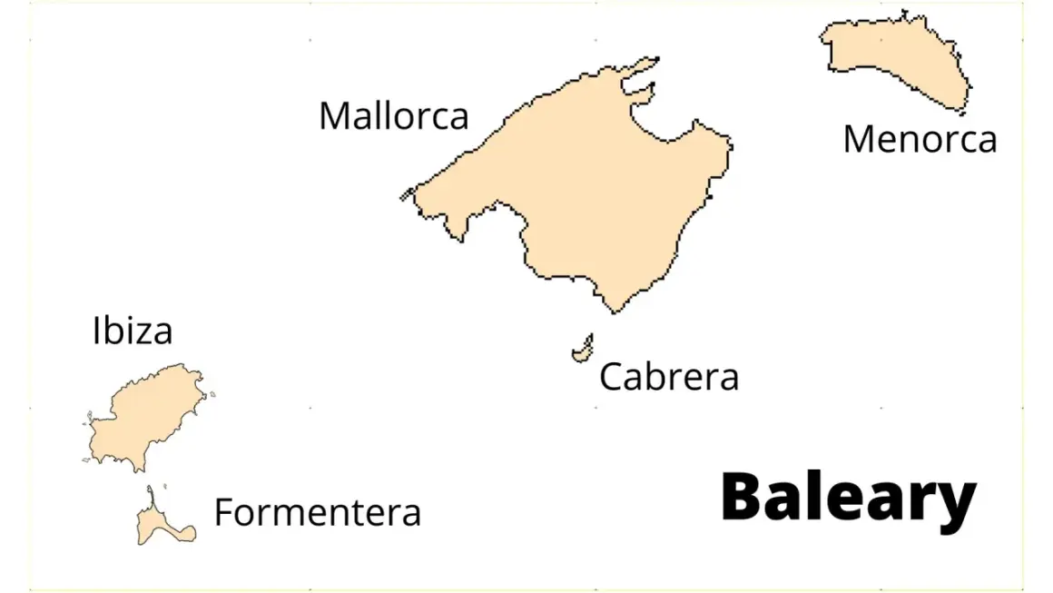 Mapa przedstawia Baleary: Majorkę, Minorkę, Ibizę, Formenterę i Cabrerę.