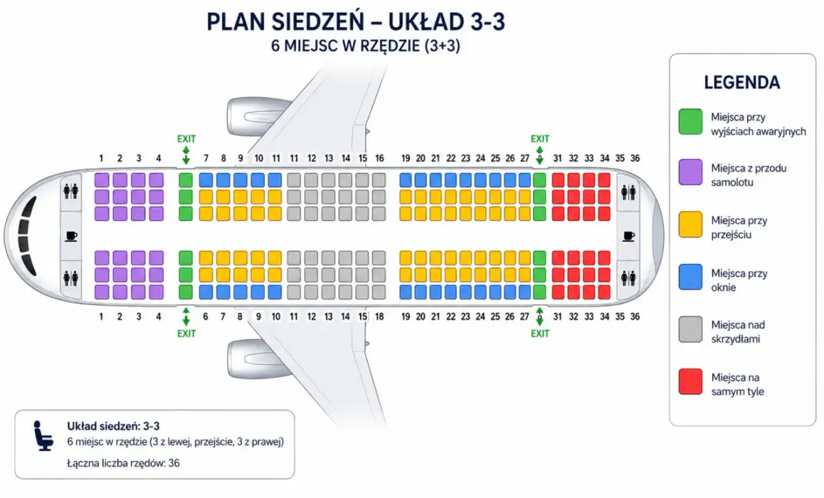 Plan siedzeń Enter Air: 3-3, miejsca przy wyjściach awaryjnych (zielone), z przodu (fioletowe), przy przejściu (żółte), przy oknie (niebieskie), nad skrzydłami (szare) i z tyłu (czerwone).