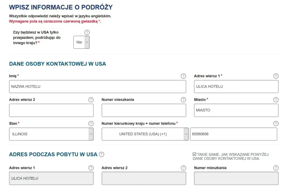 Formularz z polami do wpisania danych podróży i osoby kontaktowej w USA.