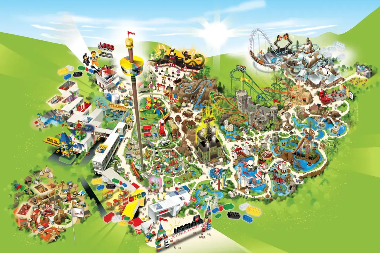 Mapa Legoland Kopenhaga: kolorowy, szczegółowy plan parku z atrakcjami, hotelami i elementami Lego.