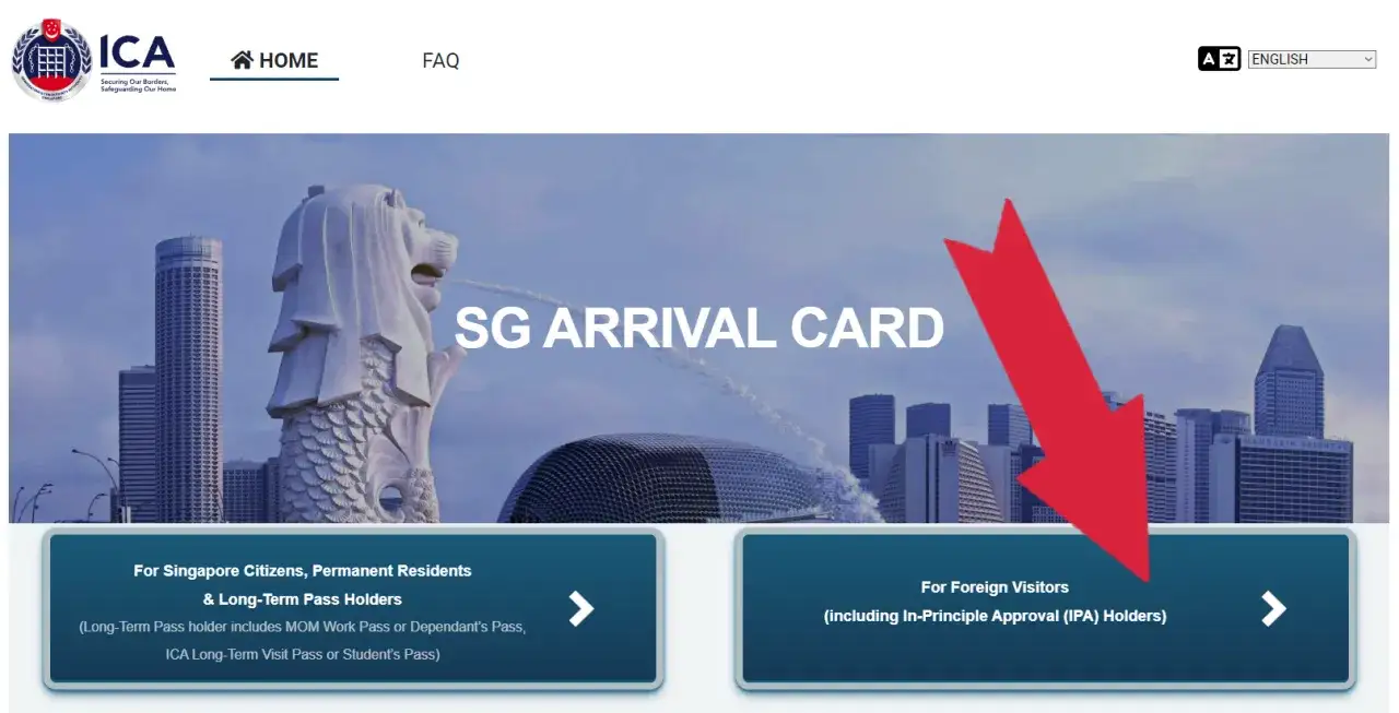 Strona ICA z informacjami o SG Arrival Card. Wiza do Singapuru dla obcokrajowców i posiadaczy długoterminowych wiz.
