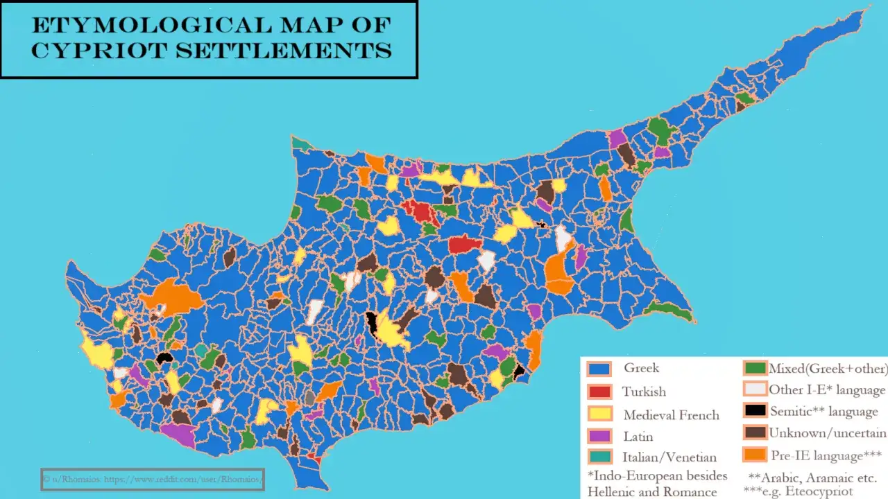 Mapa etymologiczna Cypru pokazuje rozmieszczenie języków, w tym greckiego, tureckiego i innych, odzwierciedlając bogatą historię wyspy.