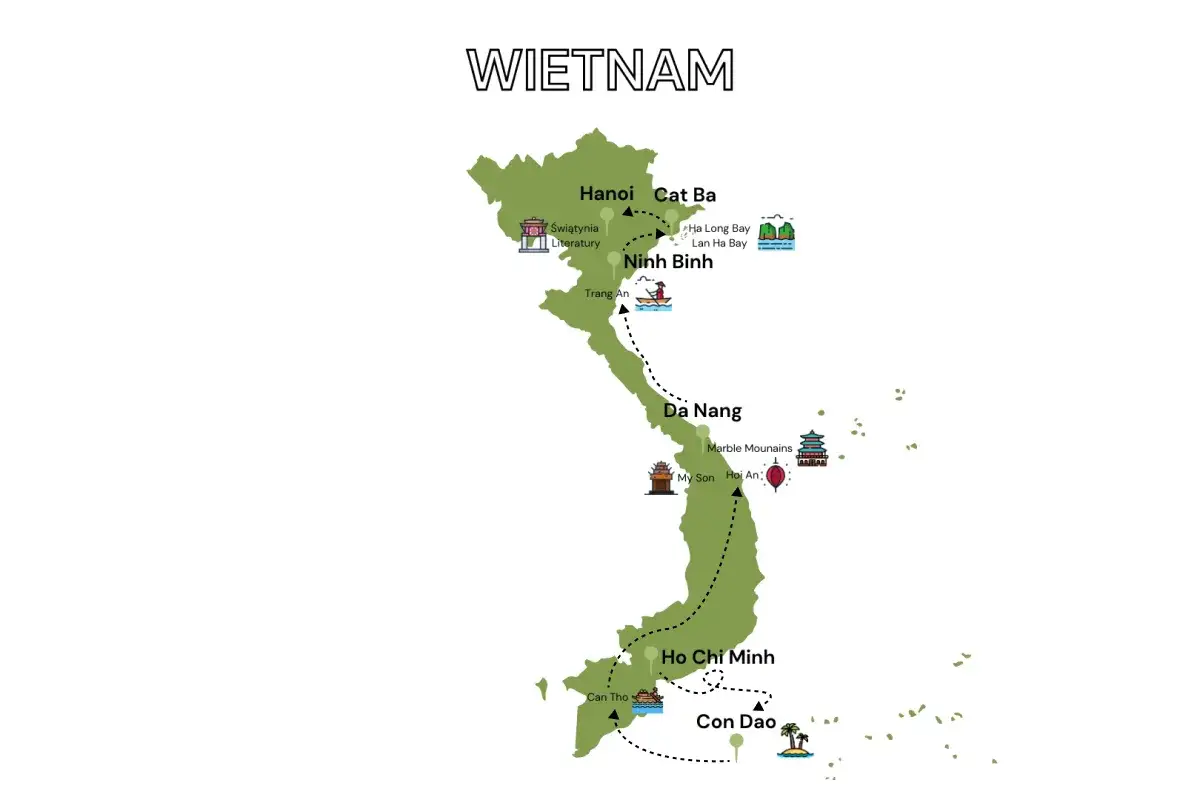 Mapa Wietnamu z zaznaczonymi atrakcjami: Hanoi, Zatoka Ha Long, Ninh Binh, Da Nang, Hoi An, Ho Chi Minh. Idealna do planowania wycieczki do Wietnamu.
