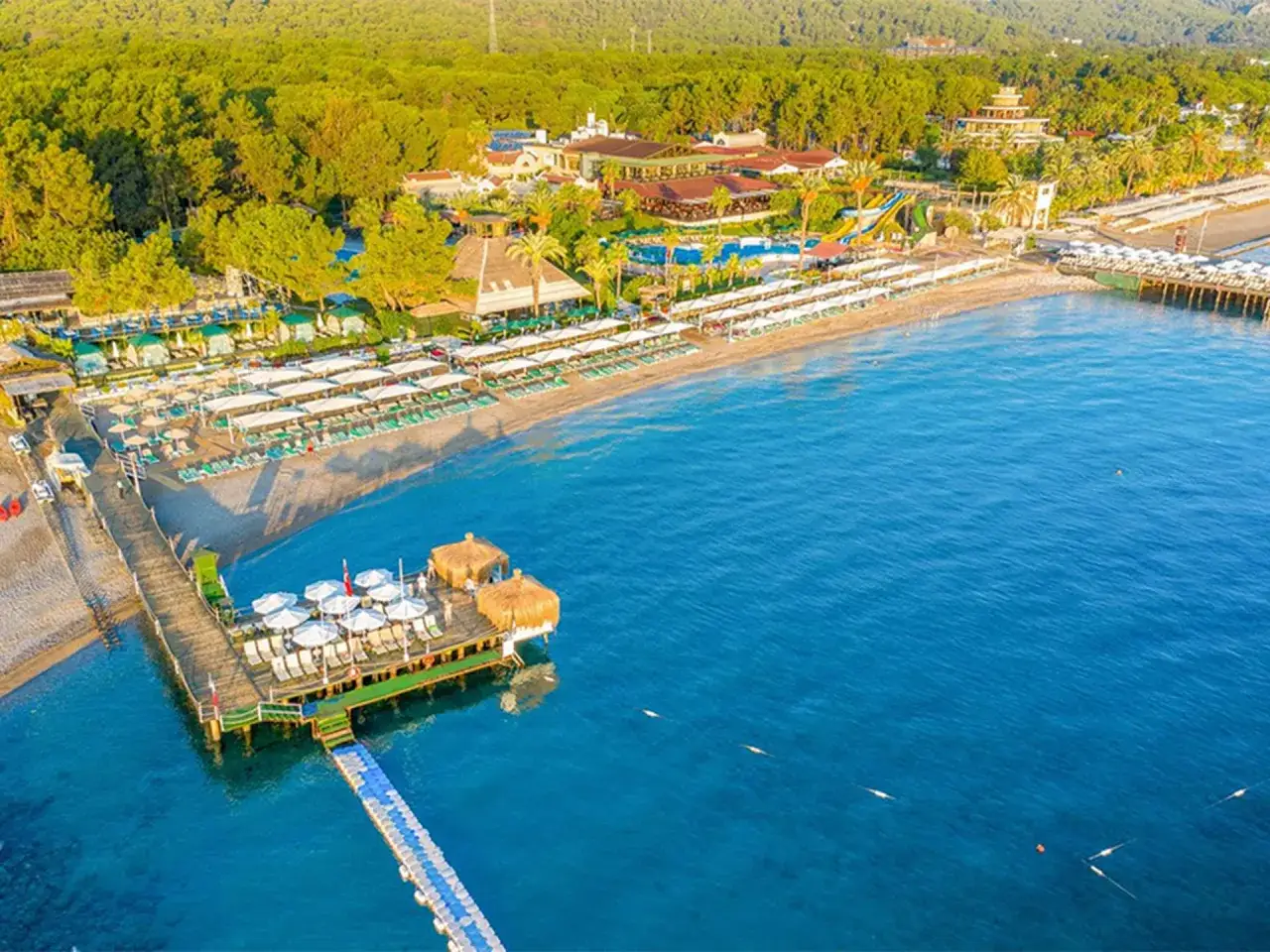 Widok na plażę i hotel z pomostem. Wiele leżaków i parasoli. Warto sprawdzić gypsophila club marine opinie przed rezerwacją.