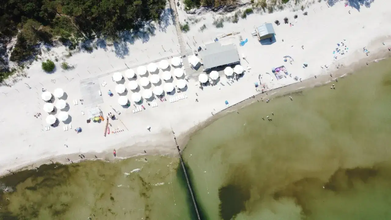 Plaża z białymi parasolami i leżakami, idealna na gorące wycieczki z Polski. Woda jest spokojna, a na piasku widać ludzi odpoczywających na słońcu.