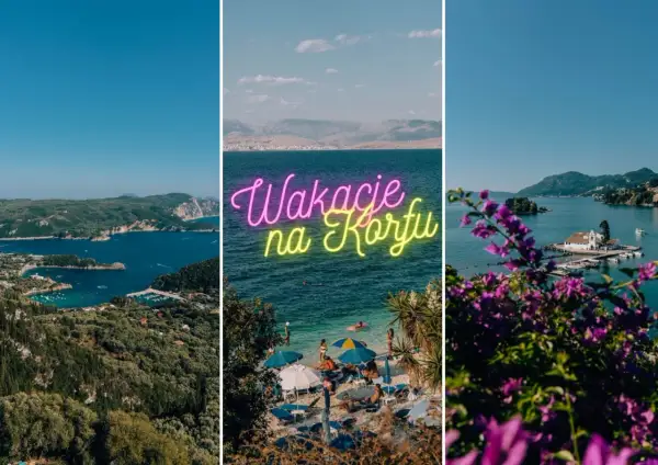 Trzy panele: widok na zatokę z górami, plaża z napisem "Wakacje na Korfu", klasztor na wysepce.