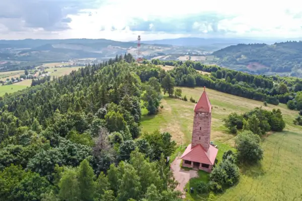 Kamienna wieża widokowa na wzgórzu otoczona lasem, w tle pagórkowaty krajobraz.