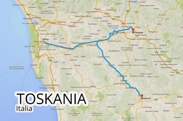 Mapa Toskanii z zaznaczonymi Pizą i Florencją oraz trasą między nimi.