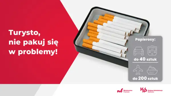 Popielniczka z papierosami i informacją o limitach przywozu do Polski.