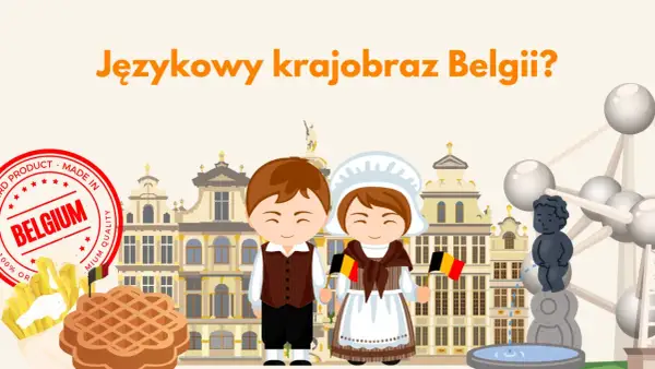 Dzieci w strojach ludowych z flagami Belgii, frytki, gofry i budynki na tle.
