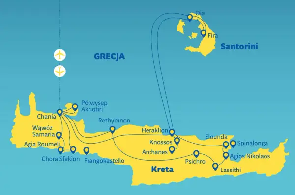Mapa Grecji z zaznaczonymi trasami wycieczek na Kretę i Santorini. Widoczne lotniska i połączenia między wyspami.