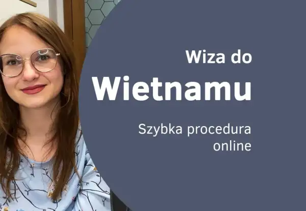 Kobieta w okularach na tle napisu "Wiza do Wietnamu".