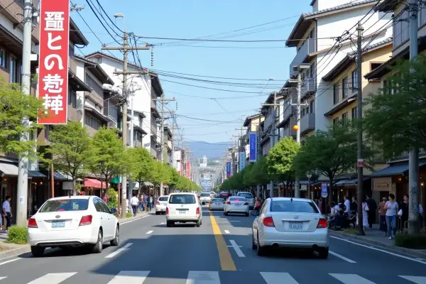 Ulica w Japonii, pełna samochodów i pieszych. Widać tradycyjną architekturę i zielone drzewa. Taki ruch jest w Japonii.
