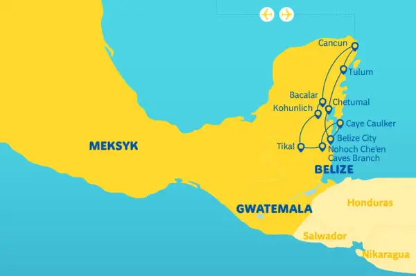 Mapa z trasą podróży po Meksyku i Belize. Planujesz belize wakacje? Zobacz trasę przez Cancun, Tulum, Tikal i Belize City.
