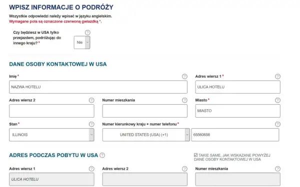 Formularz z polami do wpisania danych podróży i osoby kontaktowej w USA.